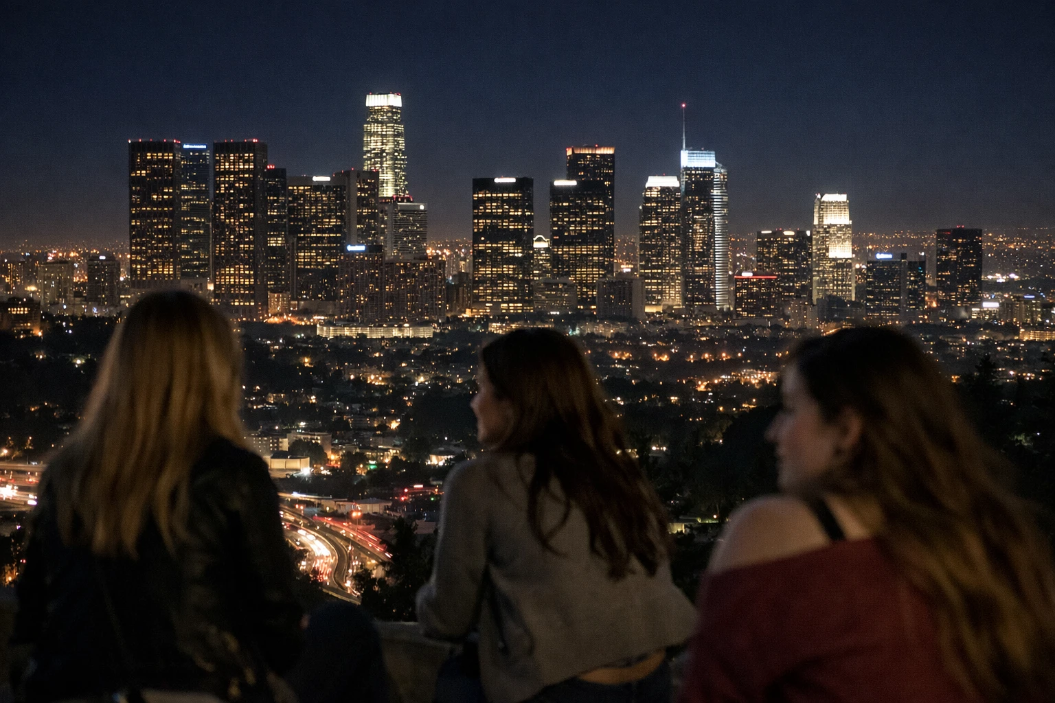 Los Angeles skyline at sunset with palm trees and city lights